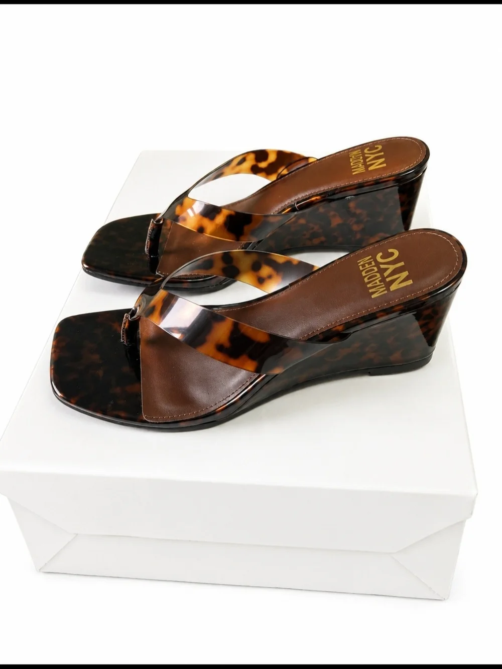 Madden NYC Tortoiseshell Wedge Thong Sandals - Brown